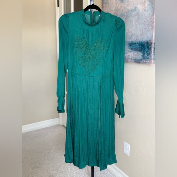 Free People Emerald Green Long Sleeve Mock Neck Midi Dress Flowy Women’s XS - Picture 2 of 8